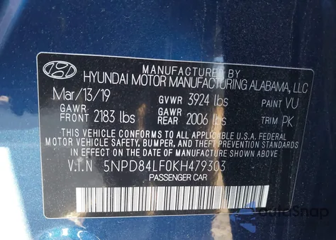 2019 Hyundai Elantra Sel z USA, uszkodzony, nr VIN 5NPD84LF0KH479303
